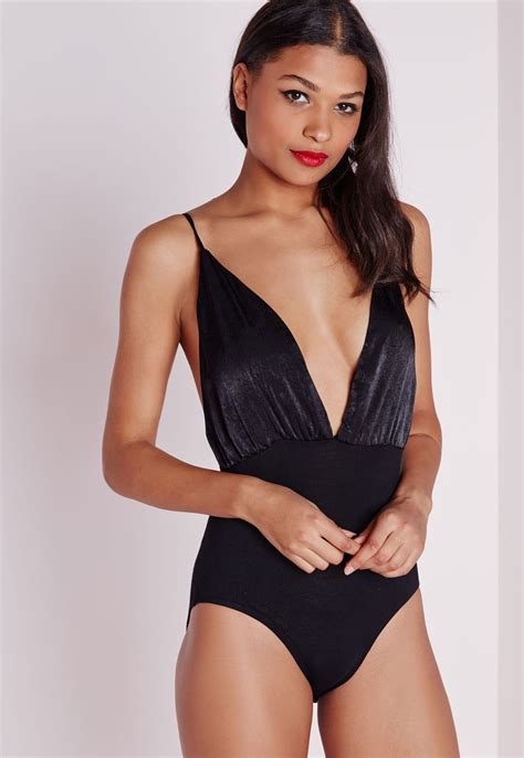 Missguided Silk Extreme Plunge Bodysuit Black Black Bodysuit Women