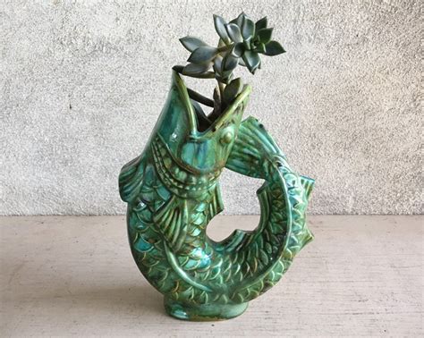 Vintage Gurgle Fish Pitcher Green Drip Glaze Mid Century Pottery, Glug ...