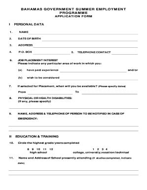 Fillable Online Forms Bahamas Gov BAHAMAS GOVERNMENT SUMMER EMPLOYMENT