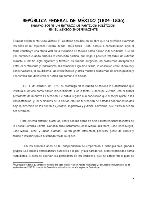 RepÚblica Federal De MÉxico 1824 1835 Partidos Políticos Del México Independiente Pdf