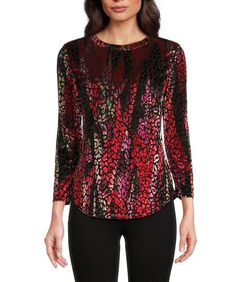 Calessa Knit Burnout Velvet Abstract Wave Print Crew Neck 3 4 Sleeve