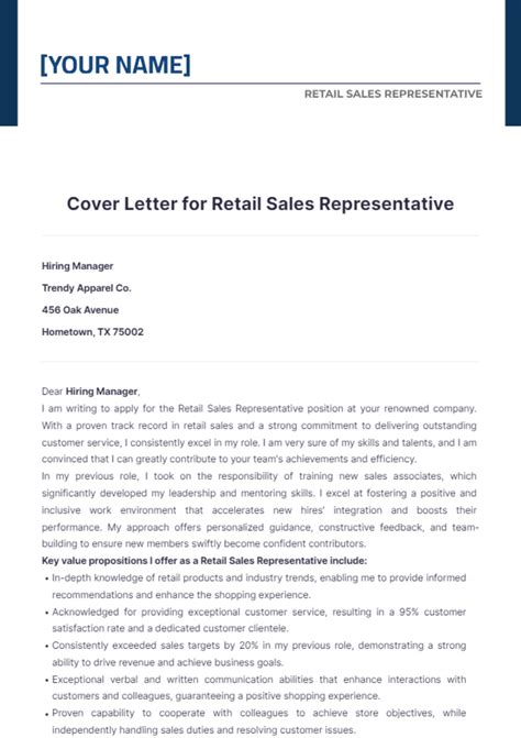 Free Cover Letter For Retail Sales Representative Template Edit