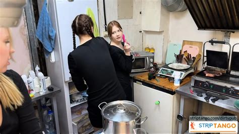 Horny Babe Licks Hot College Babe During Their Work In A Fast Food