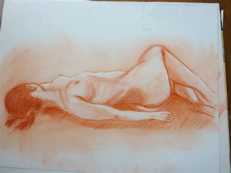 DESSIN AU FUSAIN sanguine belle étude de femme nue 65 x 50 cm EUR