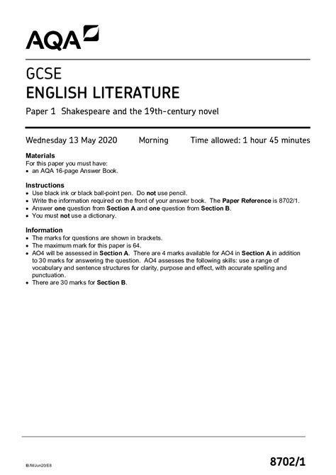 AQA GCSE ENGLISH LITERATURE Paper 1 Shakespeare And The 19th Century