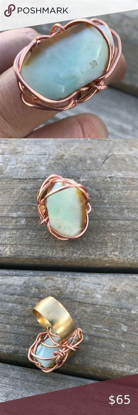 Chrysoprase Copper Ring Brass Handmade Boho Brutalist Boho Brutalist