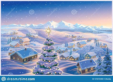 Festive Winter Landscape With Christmas Tree Stock Vector