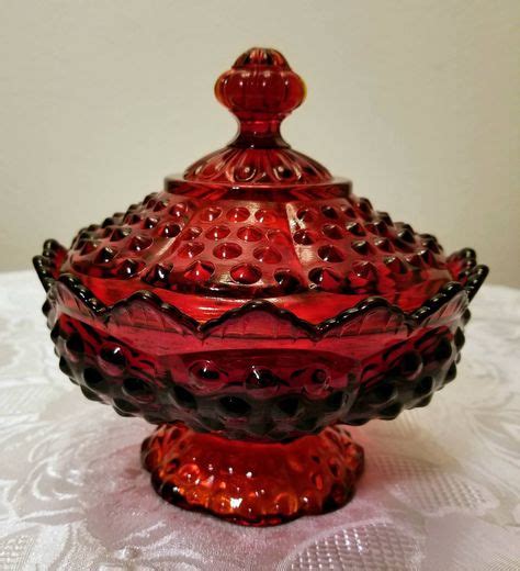 Fenton Red Amberina Hobnail Covered Candy Dish Carnival Glass Vintage