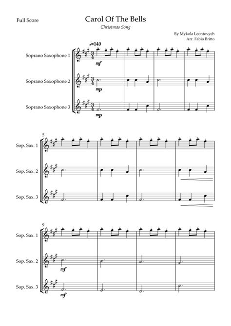 Carol Of The Bells Christmas Song For Soprano Saxophone Trio Arr