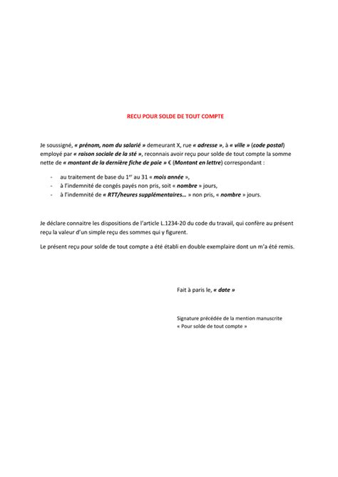 Recu Pour Solde De Tout Compte Doc Pdf Page Sur