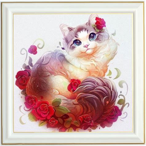 Puzzle Diamant Chat Et Fleurs 40 X 40 Cm Lartera