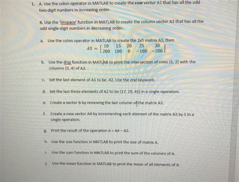 Solved 1 A Use The Colon Operator In MATLAB To Create The Chegg