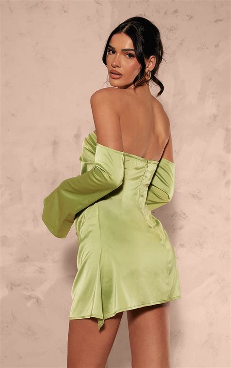 Olive Satin Corset Bardot Long Sleeve Shift Dress Dresses Prettylittlething Usa