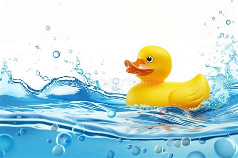 Bright Yellow Rubber Duck Floating In Clear Blue Water With Splashes