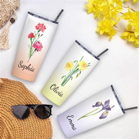 Personalized Birth Flower Tumbler Stainless Steel 20oz Birth Flower Travel Mug With Straw