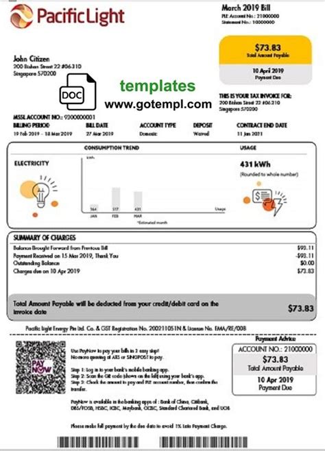 Singapore Pacific Light electricity utility bill template in Word format | Bill template ...