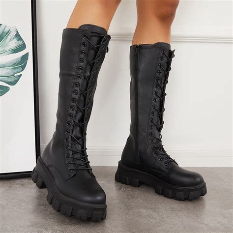 Lace Up Platform Heel Knee High Boots Lug Sole Combat Boots In