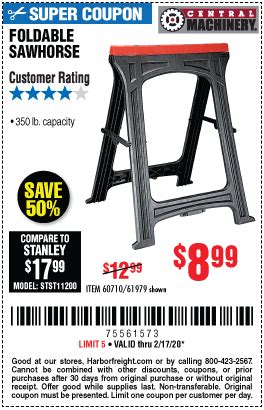 CENTRAL MACHINERY Foldable Sawhorse for $8.99 – Harbor Freight Coupons