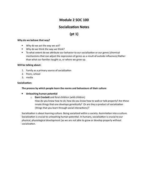 Soc100 Mod 2 Socialization Notes Pt1 Module 2 Soc 100 Socialization