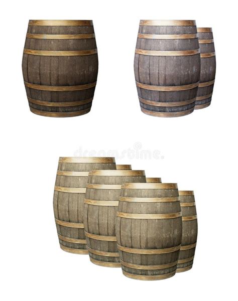 Assorted Oak Barrels Brown And Gray Set On Isolated Background Stock