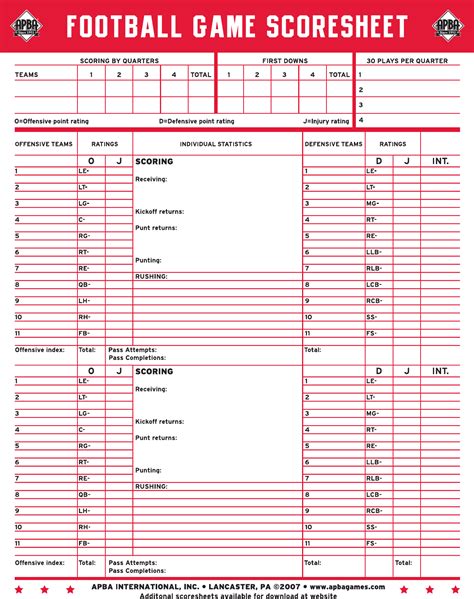 Download Football Score Sheet for Free - FormTemplate