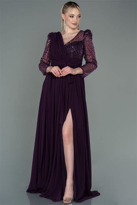 Long Dark Purple Chiffon Plus Size Evening Dress Abu3186