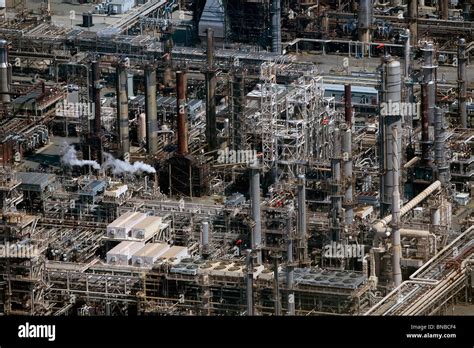 aerial view above oil refinery components Chevron Richmond California ...