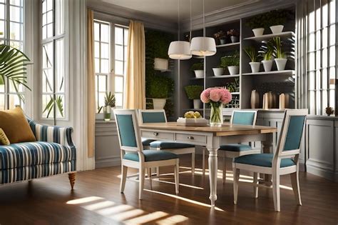 Premium Photo A Dining Room With A Table And Chairs With A Potted