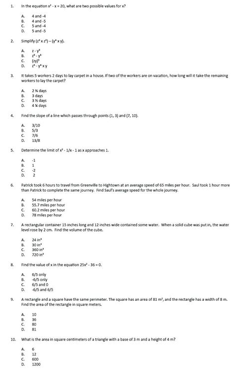 Ged Math Printable Practice Test