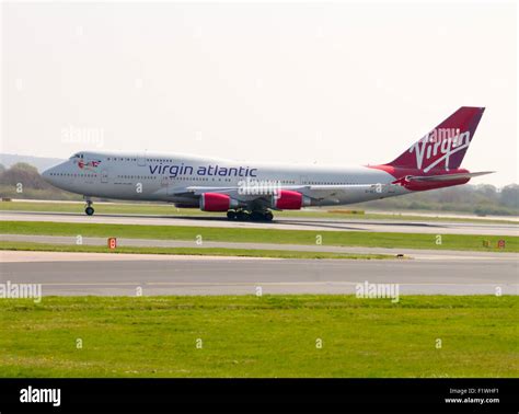 Virgin Atlantic Boeing 747 Passenger Plane Hot Lips Taking Off From Manchester Airport Runway