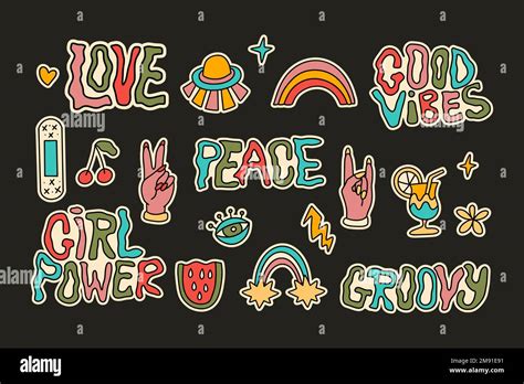 Retro Vintage 70s 80s Groovy Element Set Cute Funky Hippy Sticker Vector Collection Summer