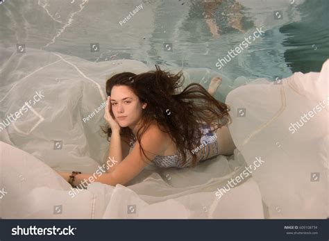 Brunette Model Posing Swimsuit Underwater Parachute Stock Photo Shutterstock