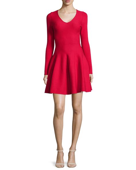 Lyst Rvn Long Sleeve Fit And Flare Dress In Red