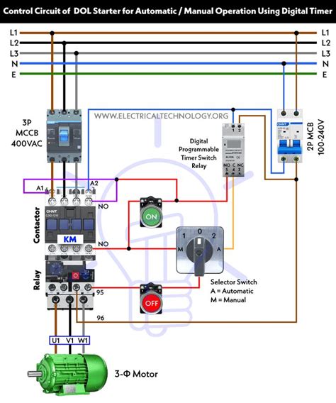 Auto And Manual Control Of 3 Phase Motor Using Dol And Digital Timer Digital Timer Electrical