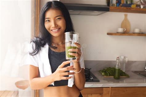 Healthy Meal Happy Asian Smiling Woman Drinking Green Detox Vegetable