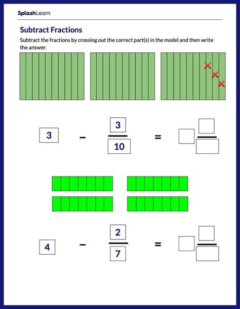 Subtract Fractions From Whole Number Using Model Math Worksheets