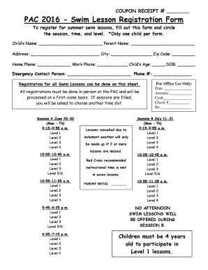 Fillable Online Swim Lesson Registration Form Plymouth Aquatic Center