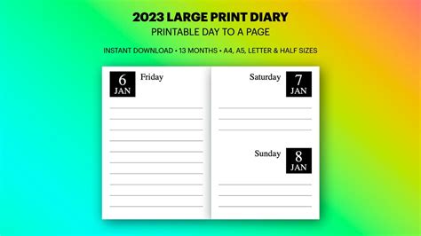 2023 Large Print Diary Printable Dated Day on a Page 2023 - Etsy