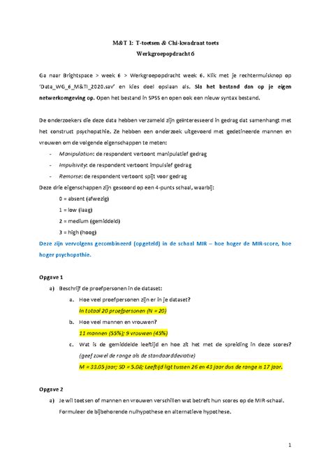 M T1 Werkgroepopdracht SPSS Week 6 Antwoordmodel M T 1 T Toetsen