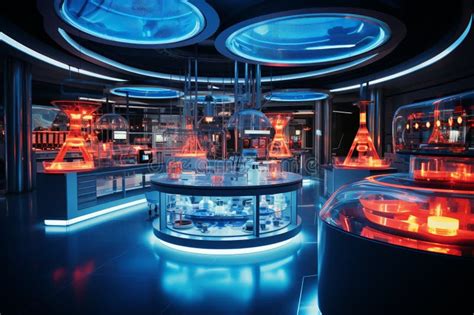 The Interior Of A Futuristic Laboratory With Neon Lights Stock Photo