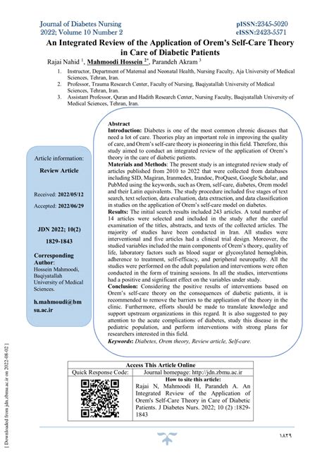 (PDF) An Integrated Review of the Application of Orem's Self-Care Theory in Care of Diabetic ...