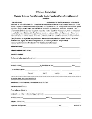 Fillable Online Wcs Parent Release And Physician Order For Special