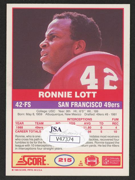 Ronnie Lott Signed Score Ronnie Lott Inscribed Hof Jsa