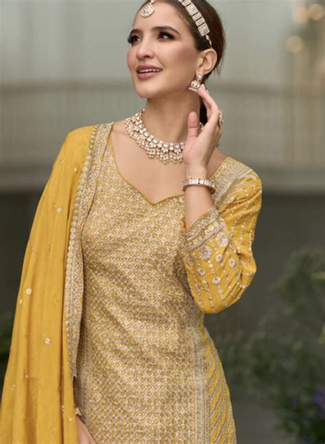 Yellow Silk Embroidered Sharara Suit Salwar Kameez Designer Collection