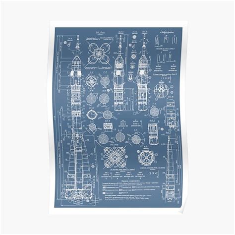 Vintage Soyuz Rocket Blueprints Russian Soviet Era Space Poster For