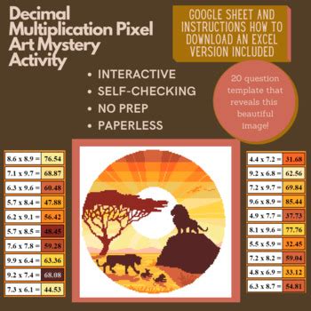 Mystery Digital Pixel Art No Prep Sunset Lions Decimal Multiplication