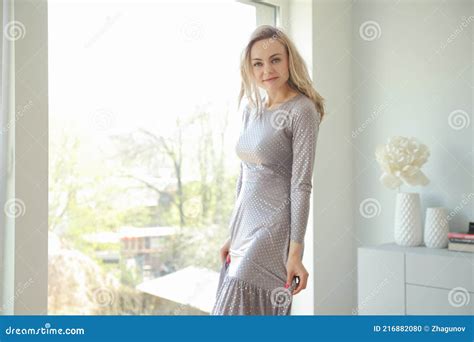 Beautiful Blonde In Polka Dot Dress Stock Photo Image Of American Hair