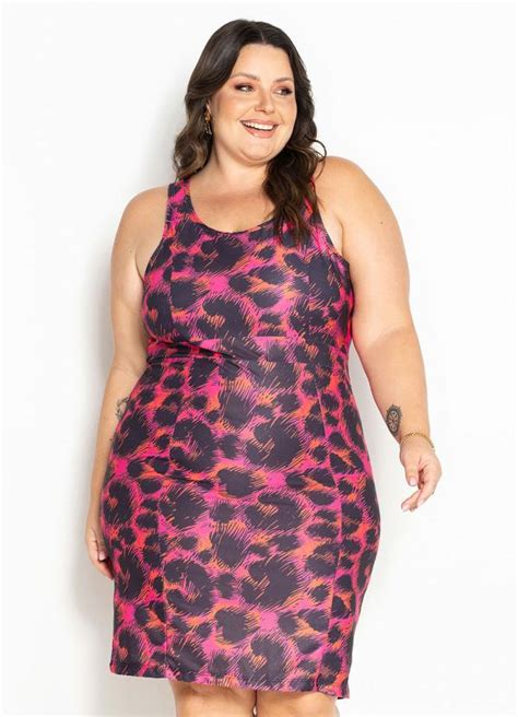 Vestido Onça Pink Com Decote Quadrado Plus Size Marguerite