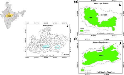 Map of a Kanha Tiger Reserve and b Satpura Tiger Reserve in Madhya... | Download Scientific Diagram