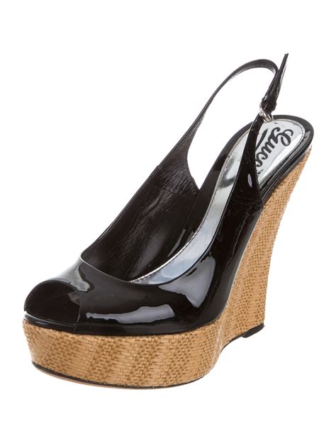 Gucci Peep Toe Platform Wedges Black Sandals Shoes GUC143941 The